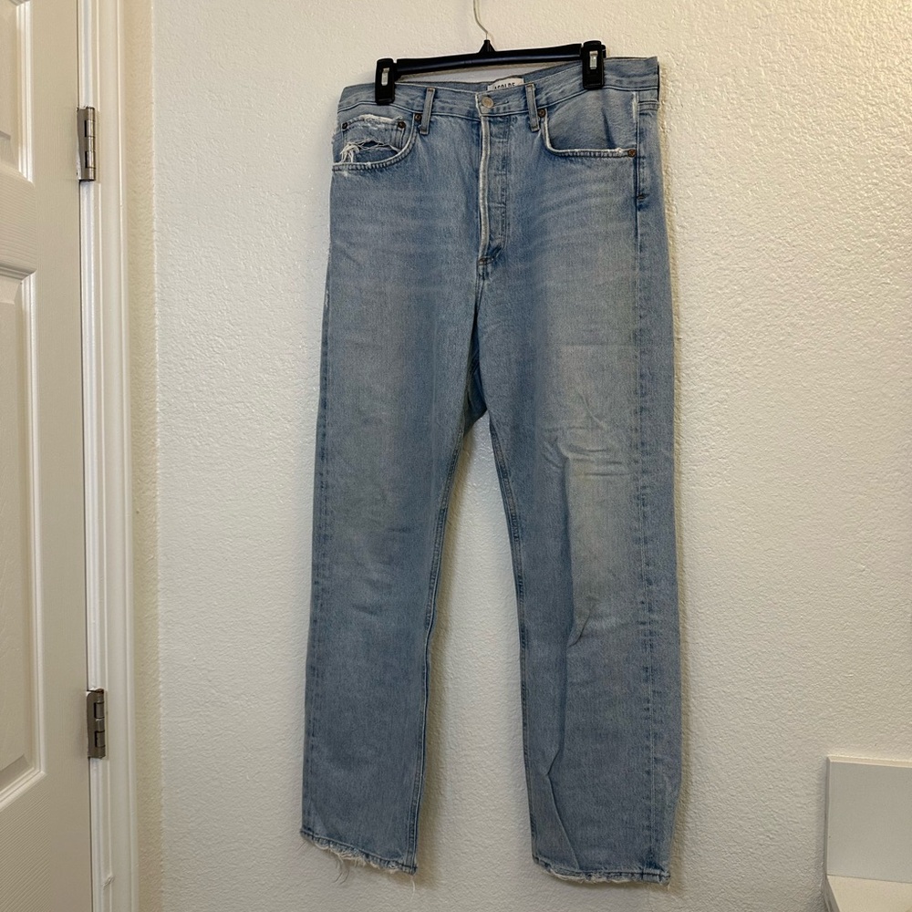 WOMENS AGOLDE 90S MIDRISE LIGHT BLUE DISTRESSED STRAIGHT LEG JEANS (29)